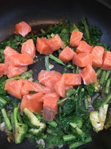 Buzymum - Salmon added to green veg stir-fry