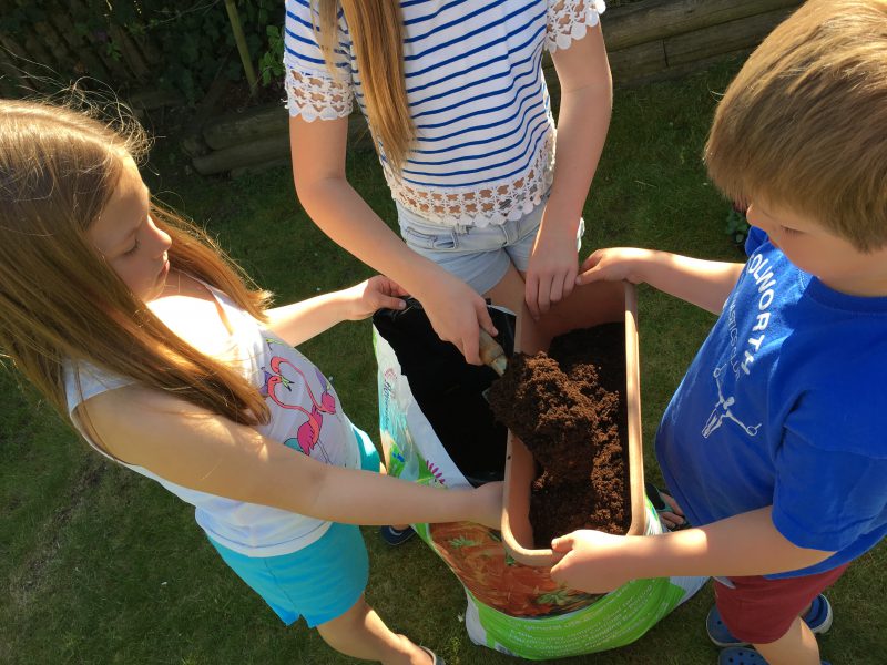 Buzymum - the kids preparing the planters with compost