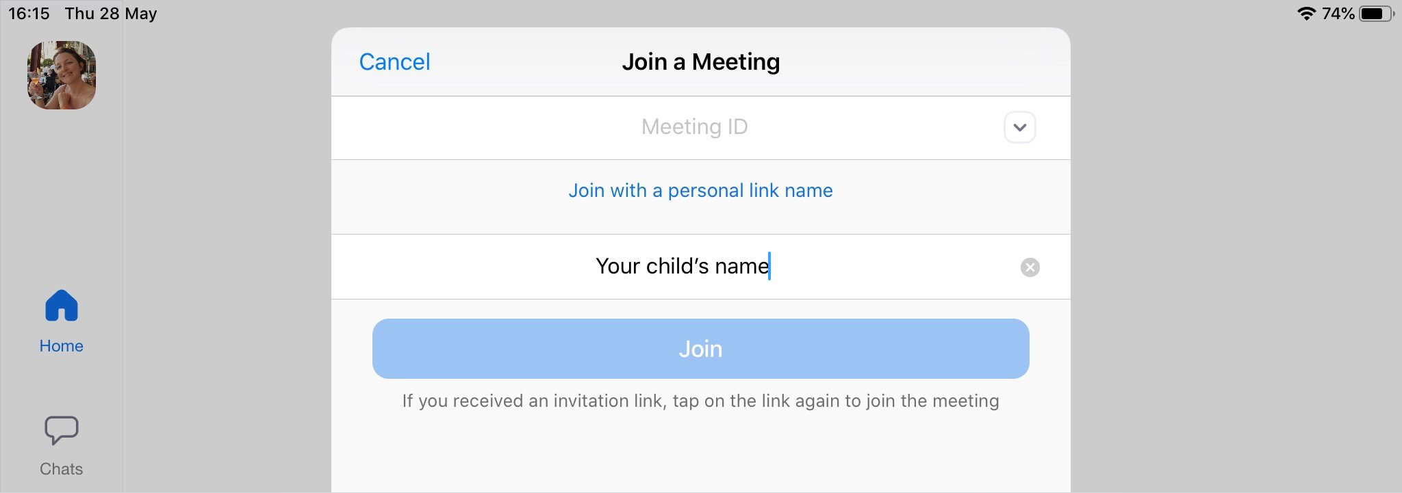 Zoom app 'join a meeting' box